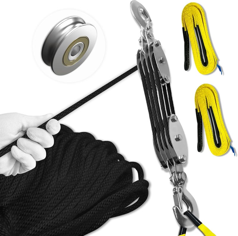 SALIFTFE Block and Tackle Pulley System, Upgraded 4-Wheel Rope Pulley Hoist with 2 Lift Sling Straps, 8:1 Lifting Power, 2200 lbs. WLL with 65Ft of 1/4” Rope, Compact Rope Hoist for Garage and Hunting - Image 1